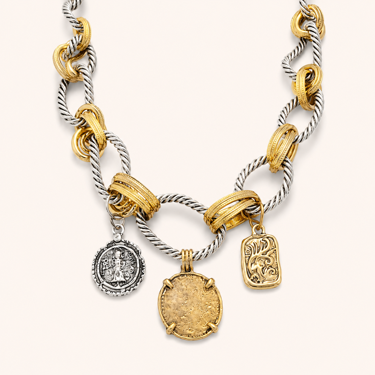 Vintage Dual-Tone Charm Chain Necklace