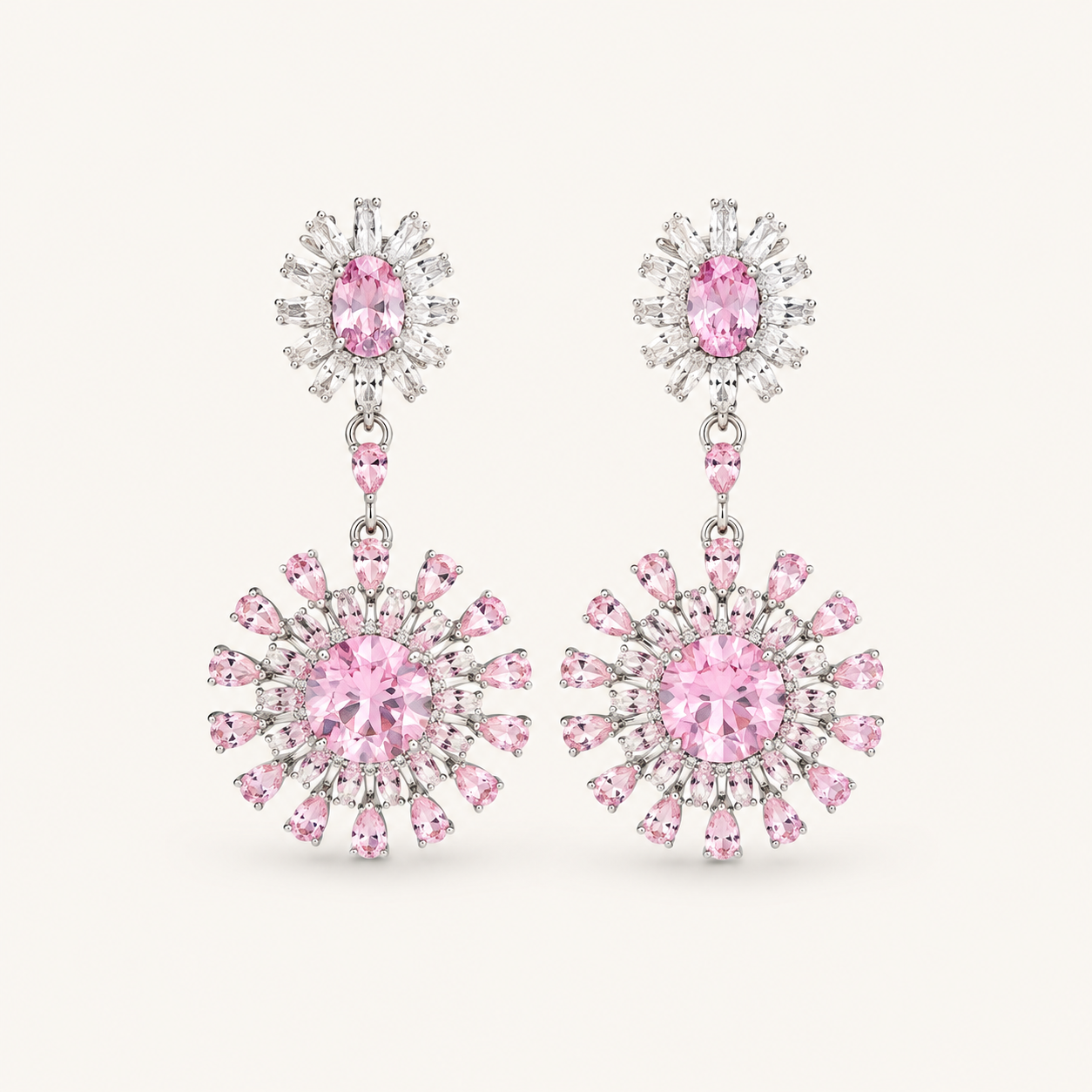 Blush Crystal Sunburst Earrings – Pink Stone Statement Drop Earrings