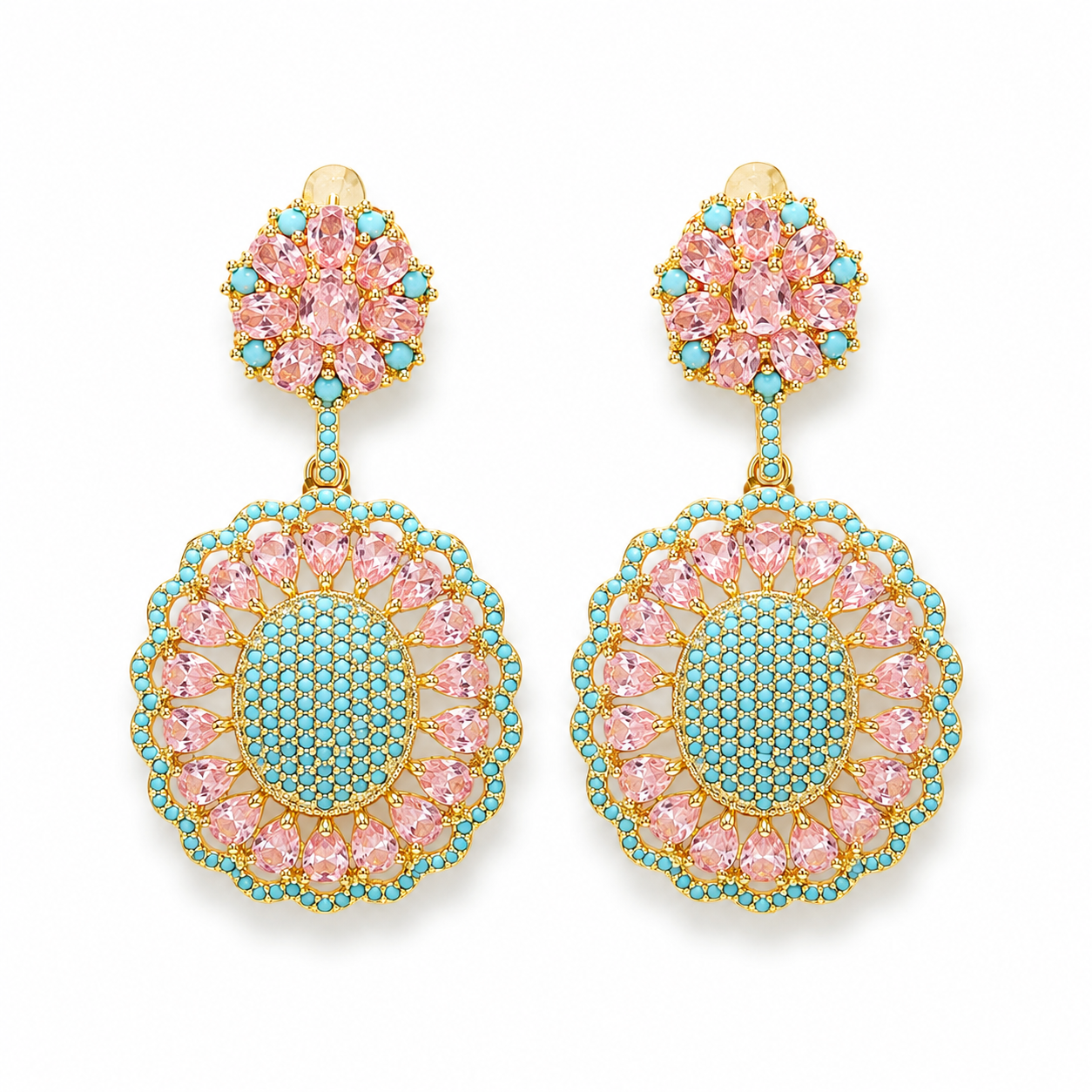 Pastel Bloom Statement Earrings – Pink & Turquoise Crystal Drop Earrings