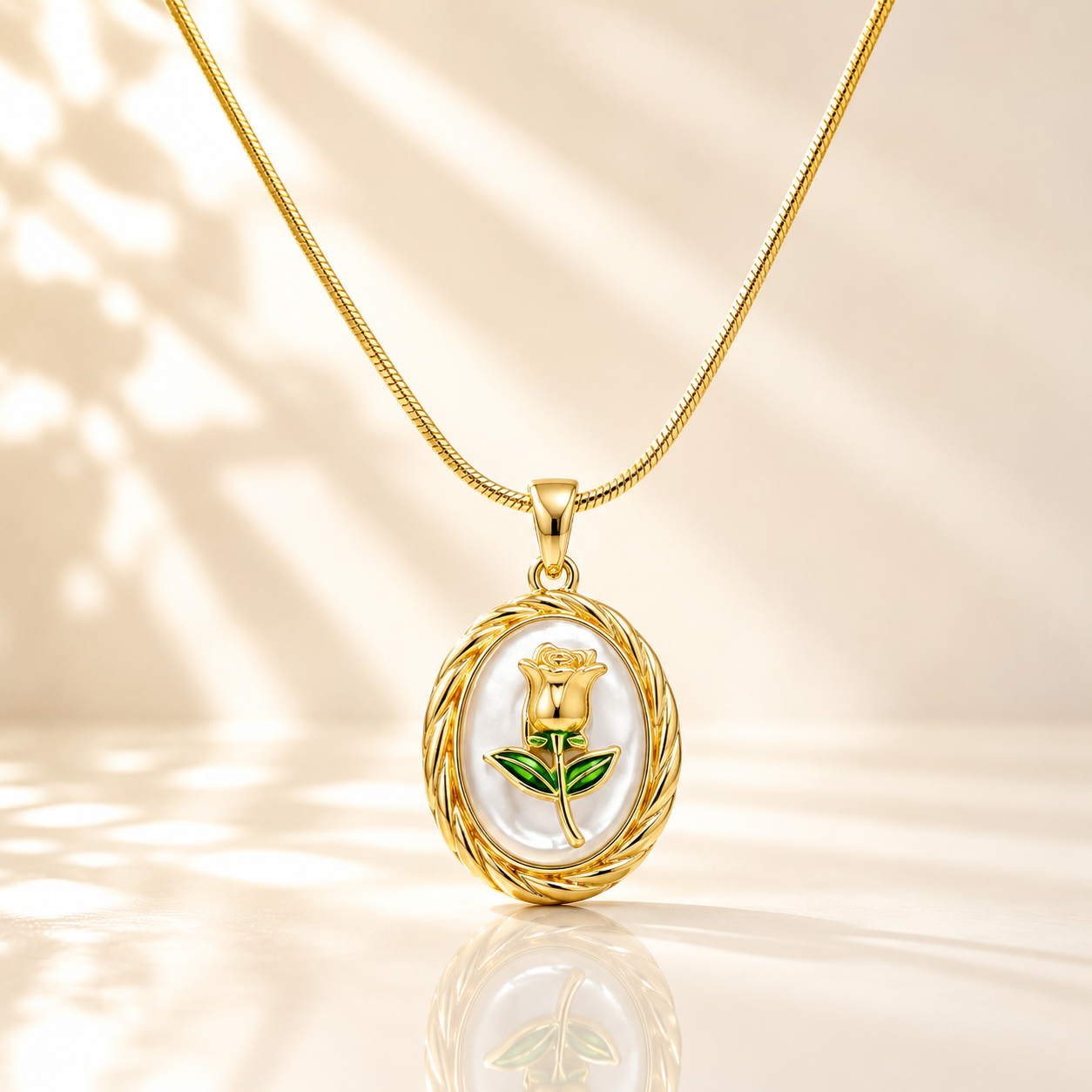 Golden Rose Oval Pendant Necklace