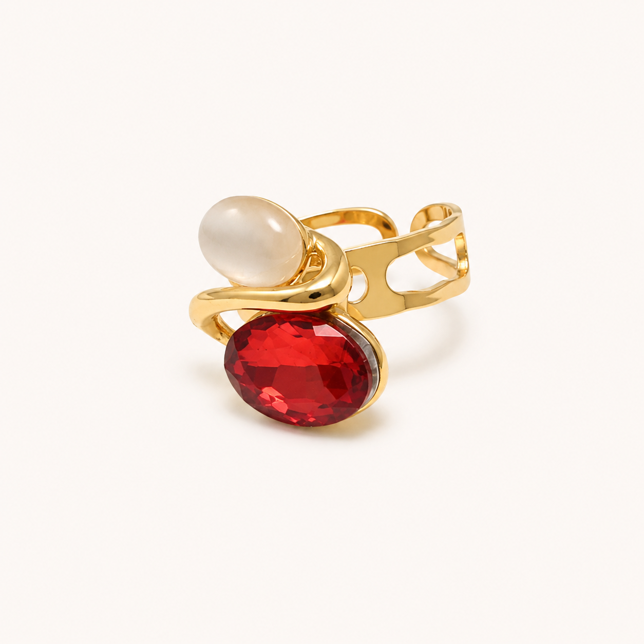 Ruby Pearl Dual Stone Ring – Gold Plated Statement Ring