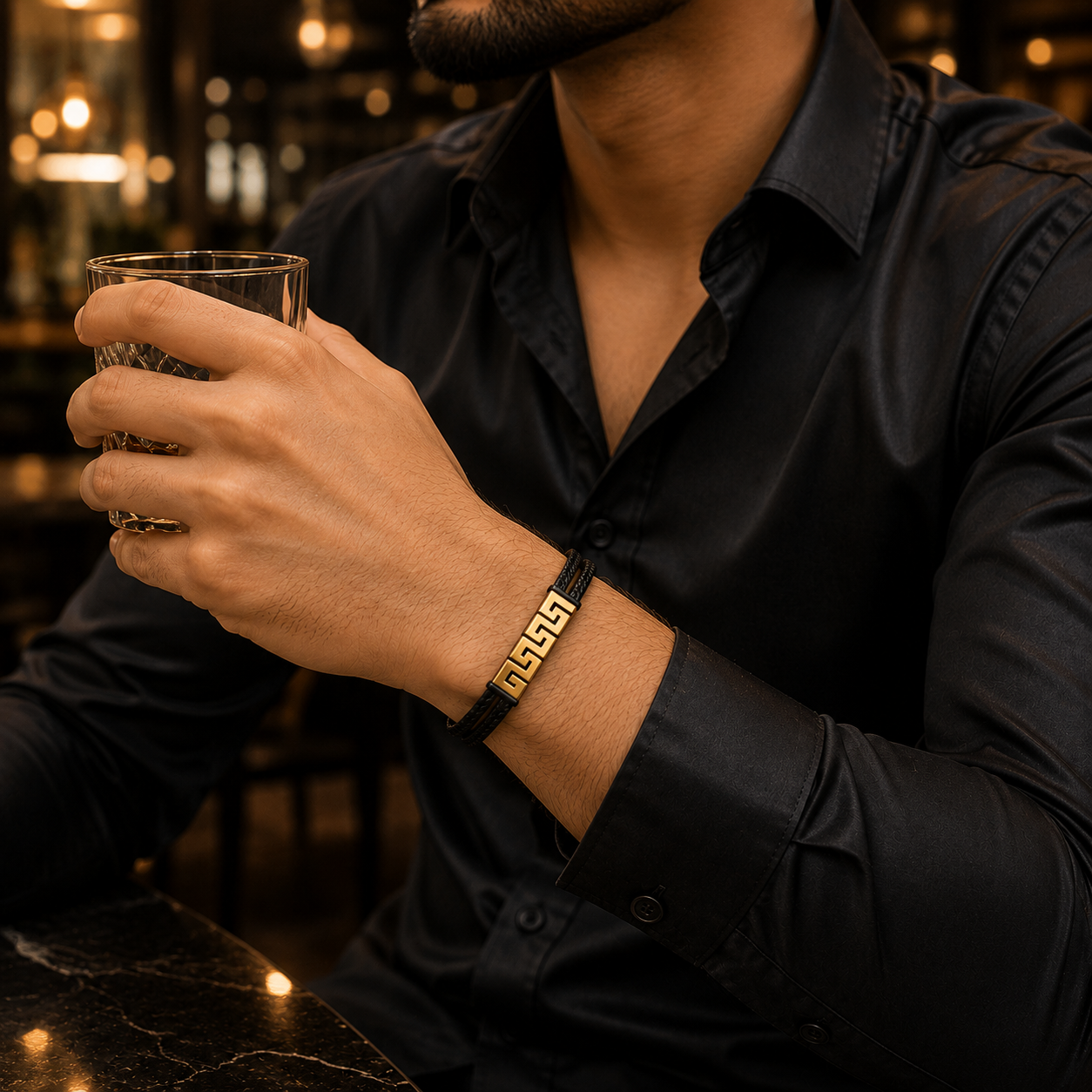 Greek Pattern Black Leather Bracelet