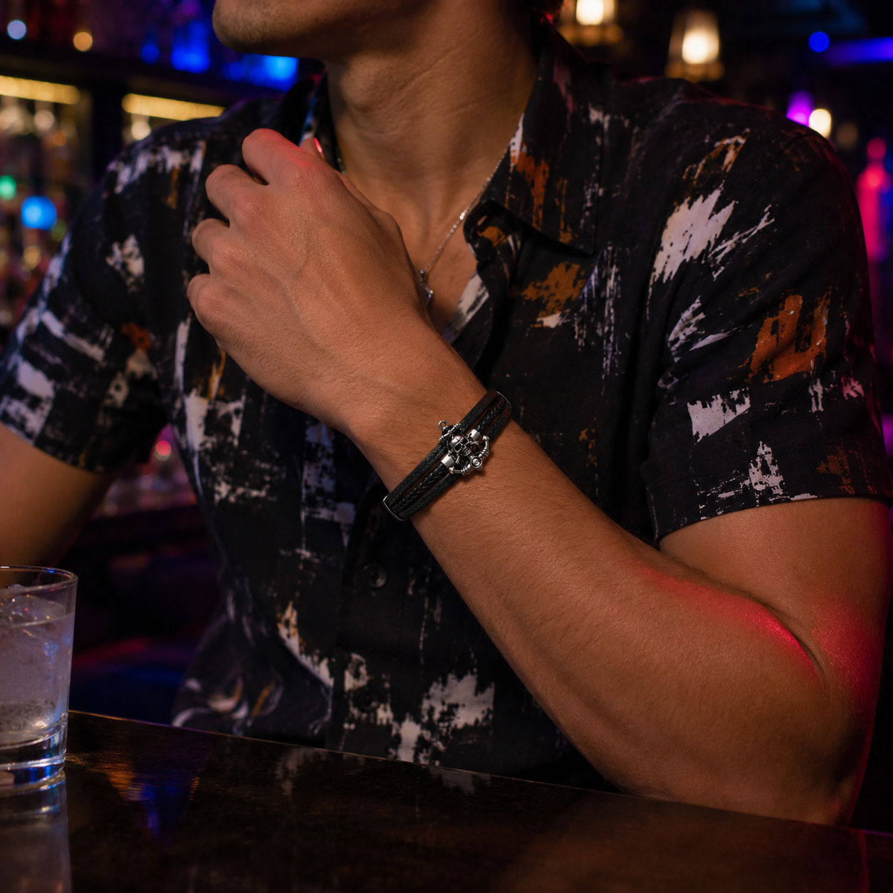 Skull Charm Black Leather Bracelet