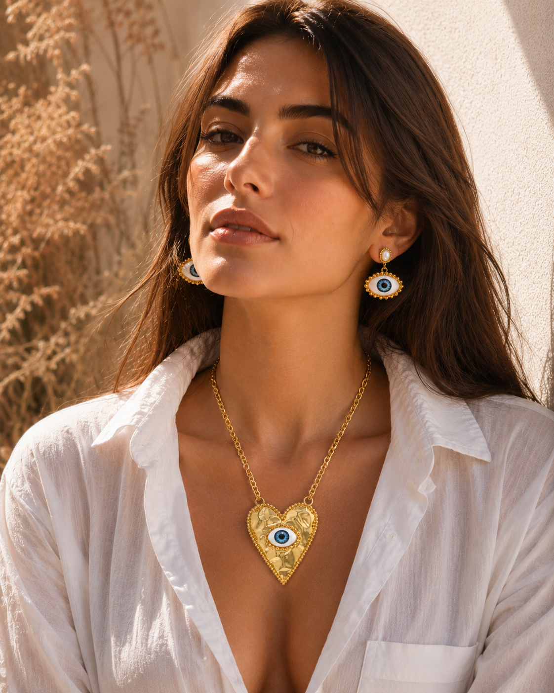 Golden Evil Eye Heart Necklace Set