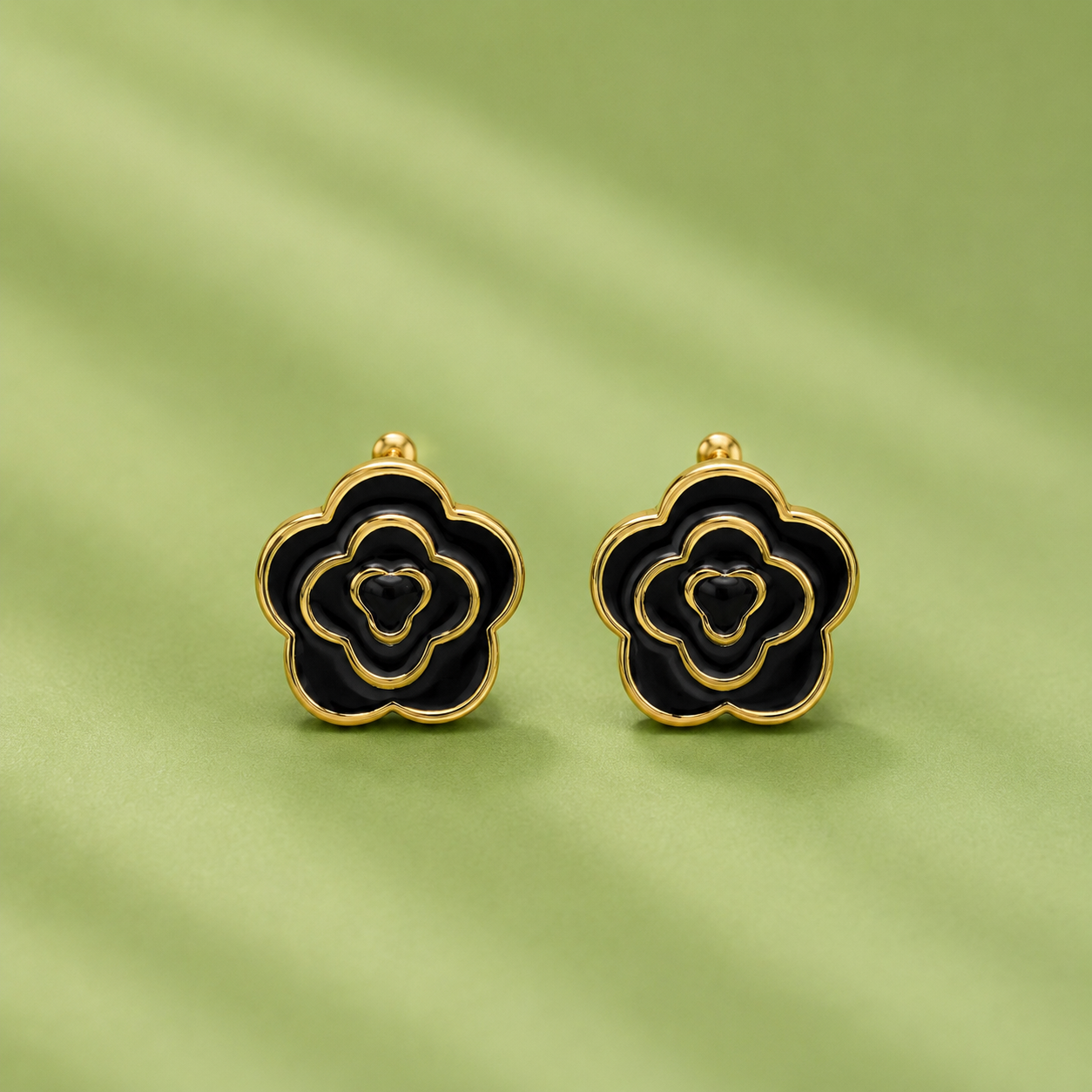 Black Floral Gold Stud Earrings