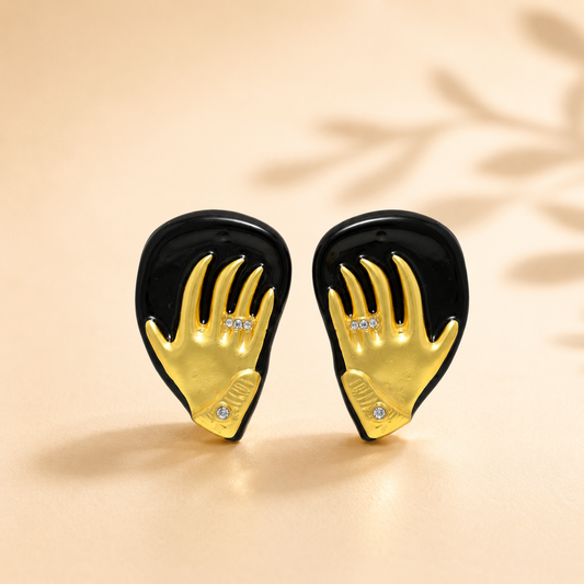Golden Hand Art Statement Stud Earrings