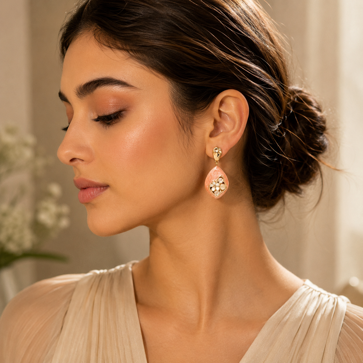 Peach Blossom Crystal Drop Earrings for Women | Premium Anti-Tarnish Floral Earrings