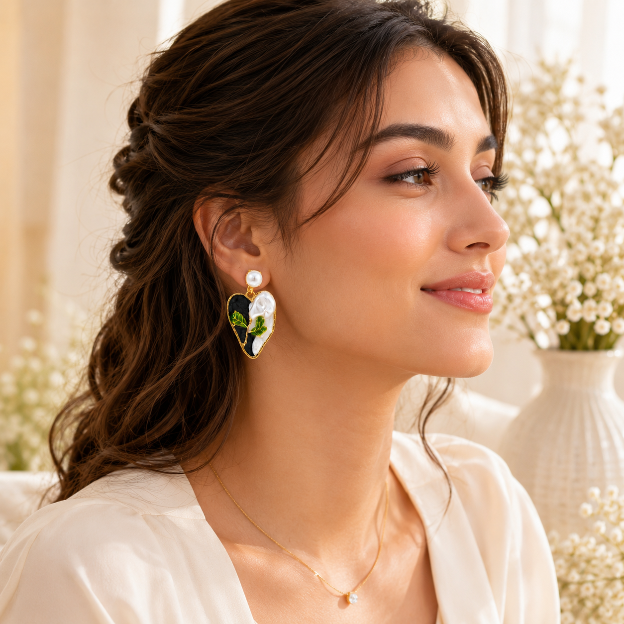 Romantic Pearl Rose Heart Earrings for Women | Premium Anti-Tarnish Statement Earrings