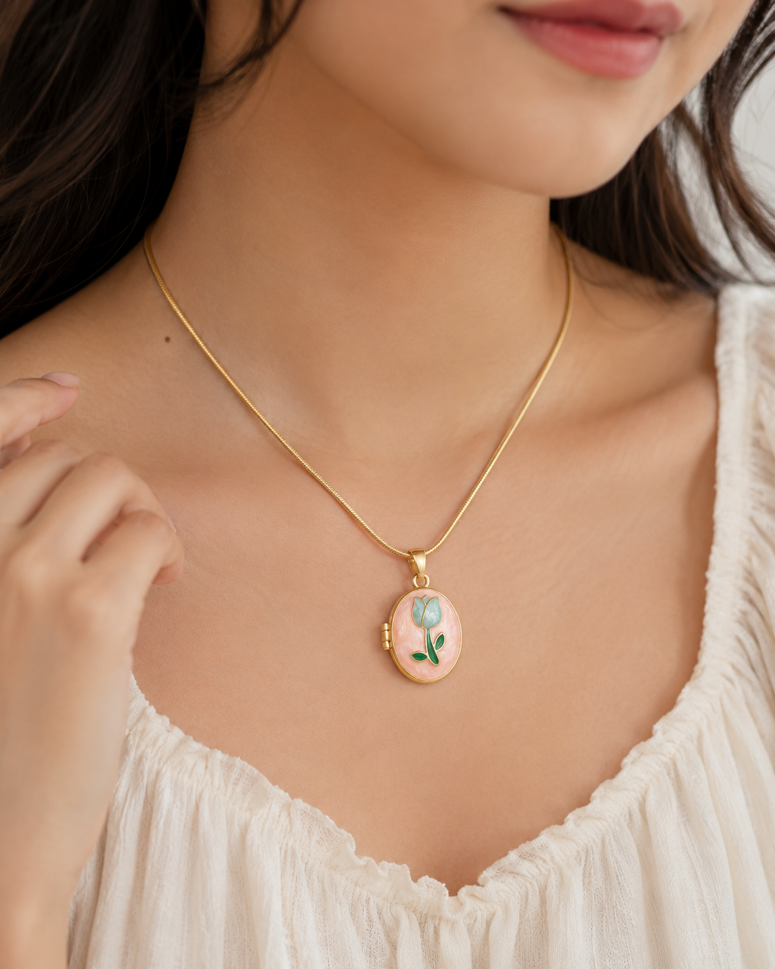 Mint Tulip Locket Necklace