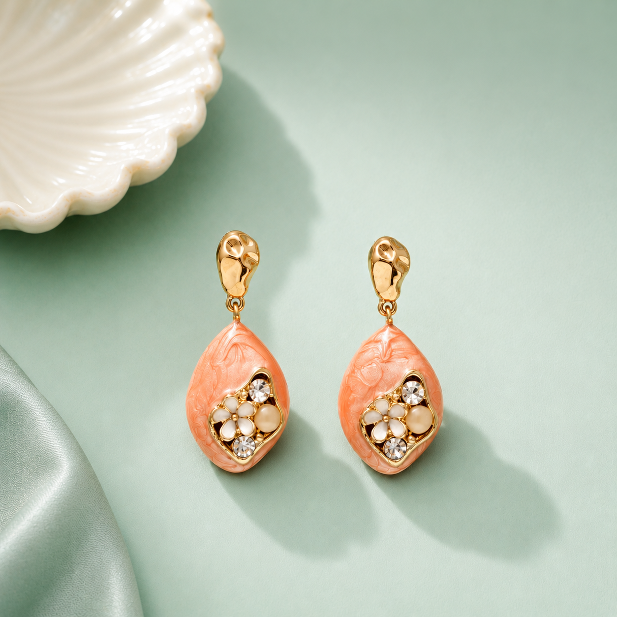 Peach Blossom Crystal Drop Earrings for Women | Premium Anti-Tarnish Floral Earrings