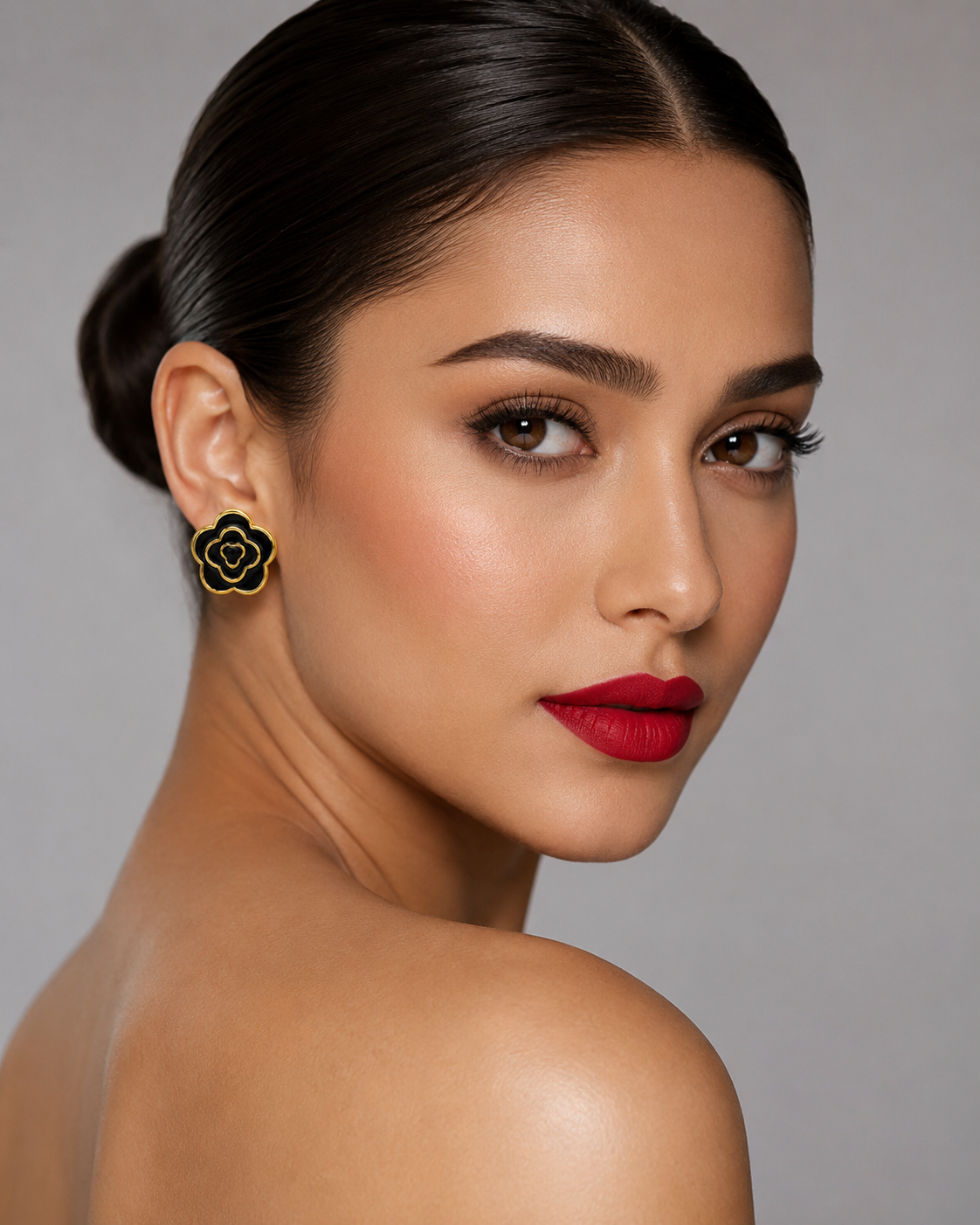 Black Floral Gold Stud Earrings