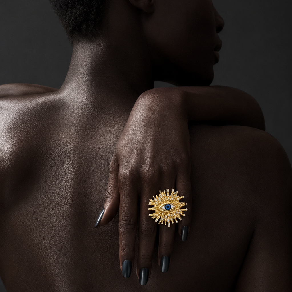 Royal Evil Eye Statement Ring – Gold Plated Crystal Designer Ring
