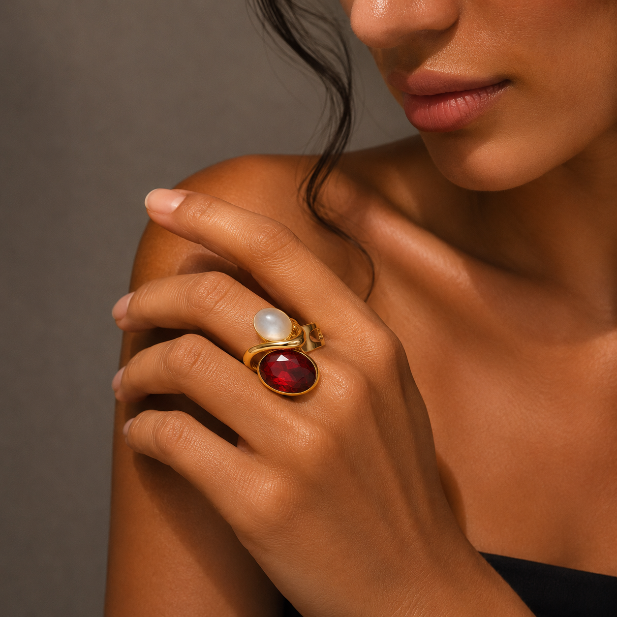 Ruby Pearl Dual Stone Ring – Gold Plated Statement Ring
