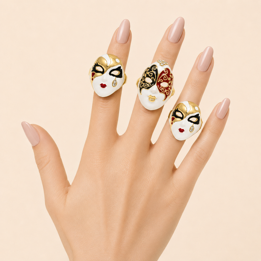 Venetian Mask Statement Rings – Luxury Enamel Designer Ring