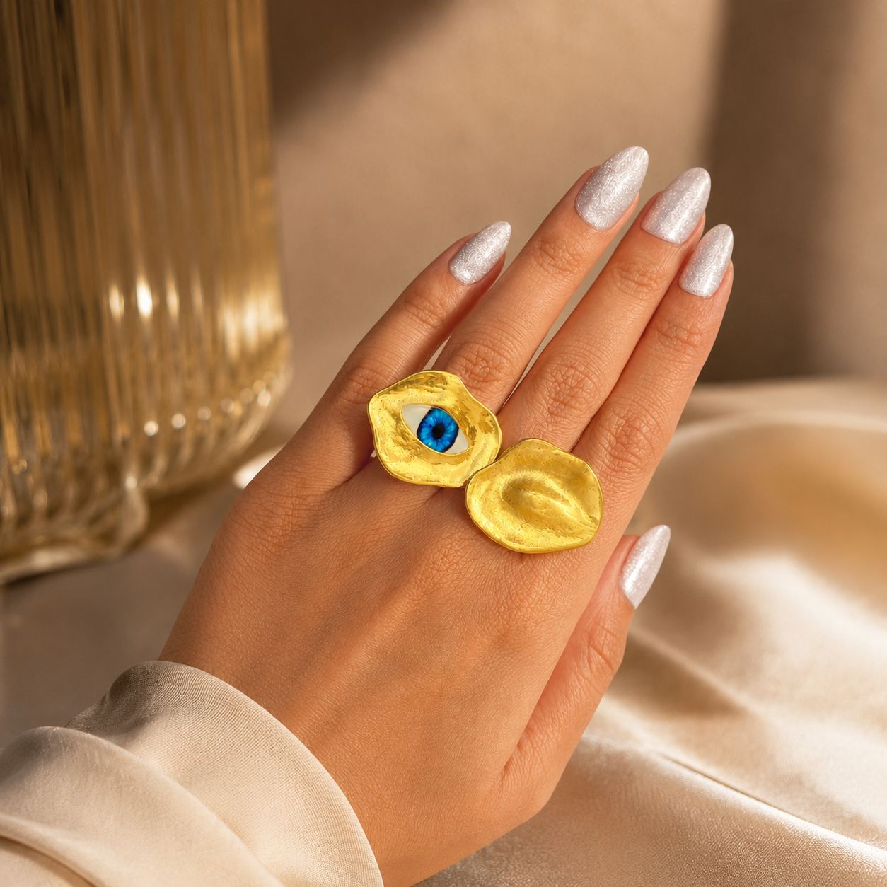 Minimal Evil Eye Dual Ring – Gold Plated Abstract Statement Ring