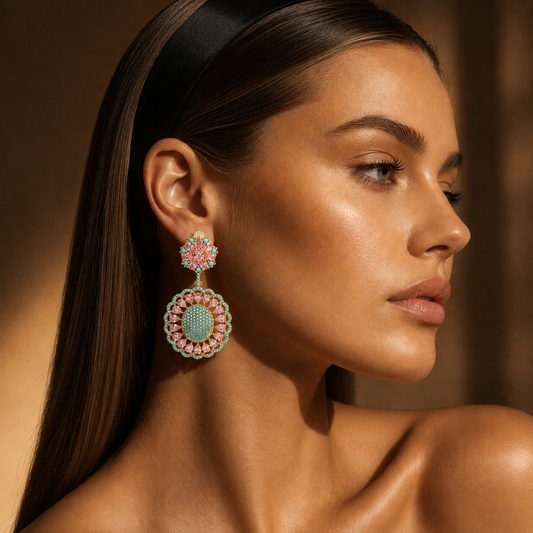 Pastel Bloom Statement Earrings – Pink & Turquoise Crystal Drop Earrings