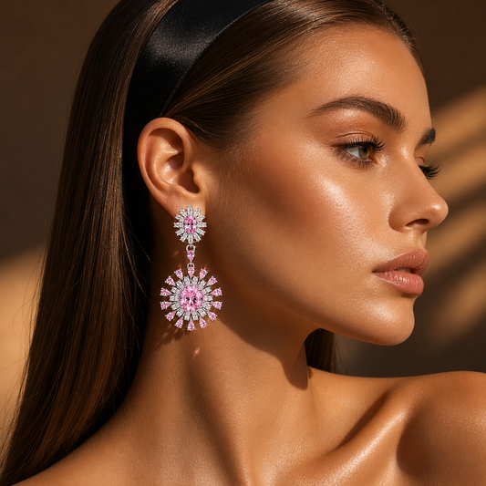 Blush Crystal Sunburst Earrings – Pink Stone Statement Drop Earrings