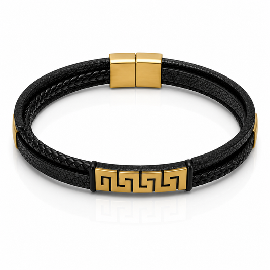 Greek Pattern Black Leather Bracelet