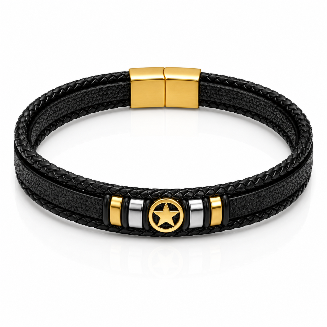 Star Charm Black Leather Bracelet