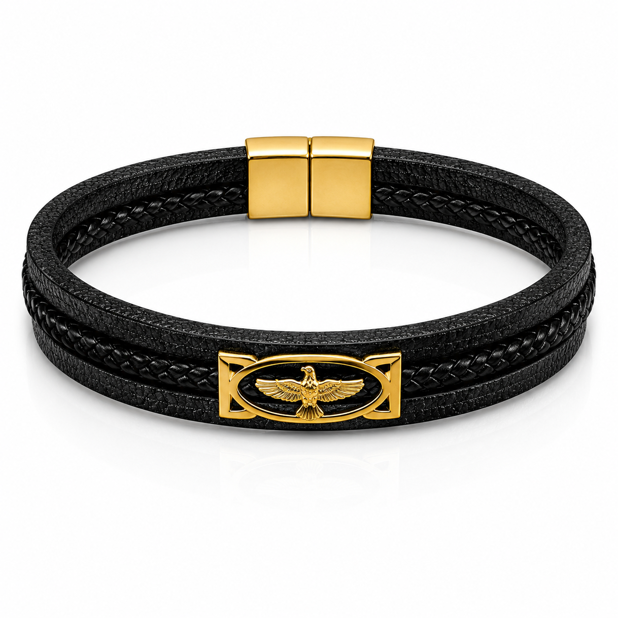 Golden Eagle Black Leather Bracelet