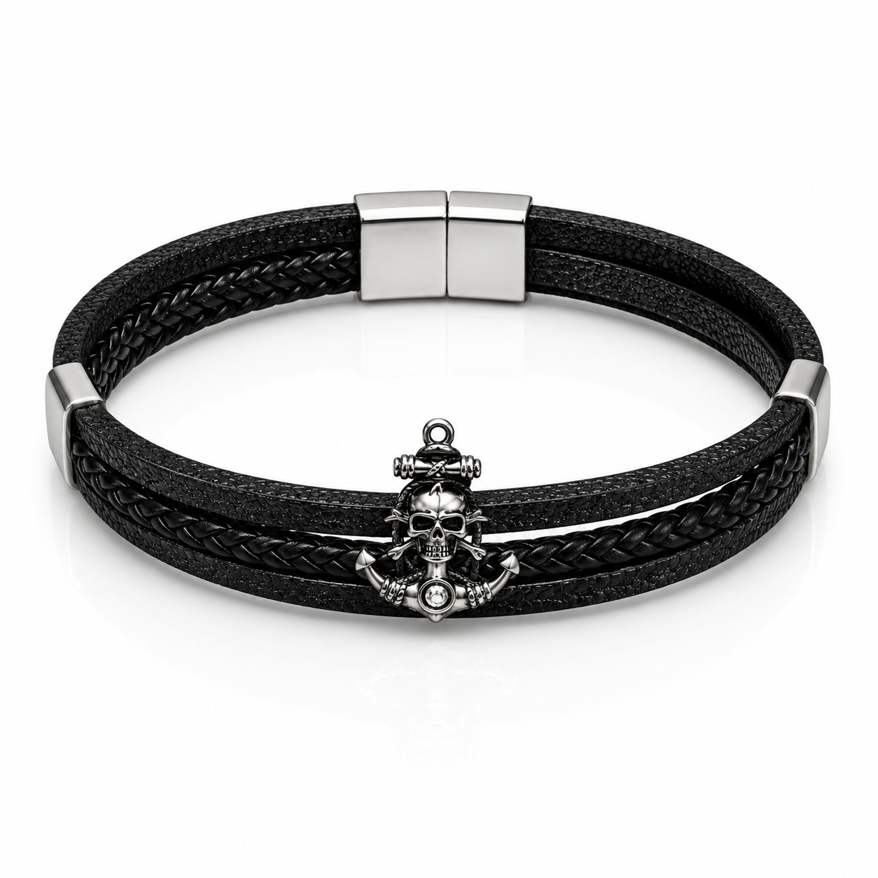 Skull Charm Black Leather Bracelet