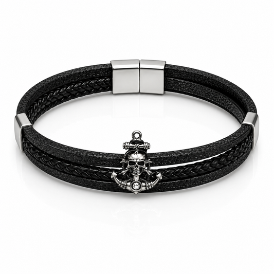 Skull Charm Black Leather Bracelet