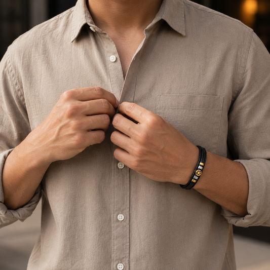 Star Charm Black Leather Bracelet