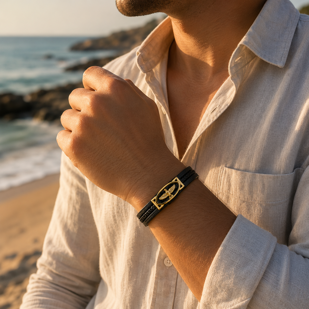 Golden Eagle Black Leather Bracelet