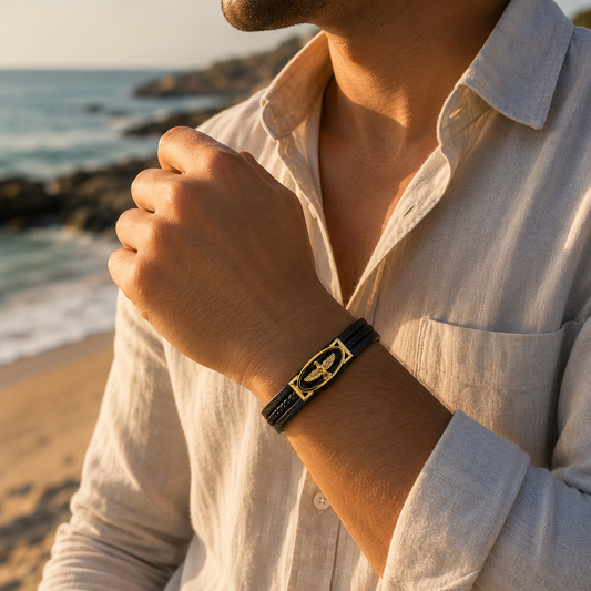 Golden Eagle Black Leather Bracelet