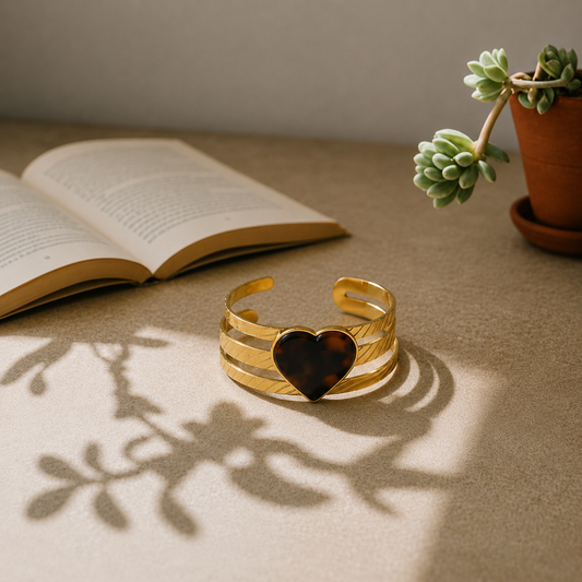 Heart Charm Gold Cuff Bracelet