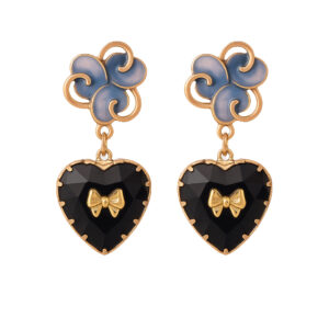 Elegant Blue Floral & Black Heart Dangle Earrings