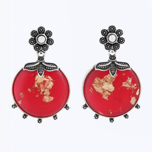 Red Resin Oxidized Silver Drop Earrings