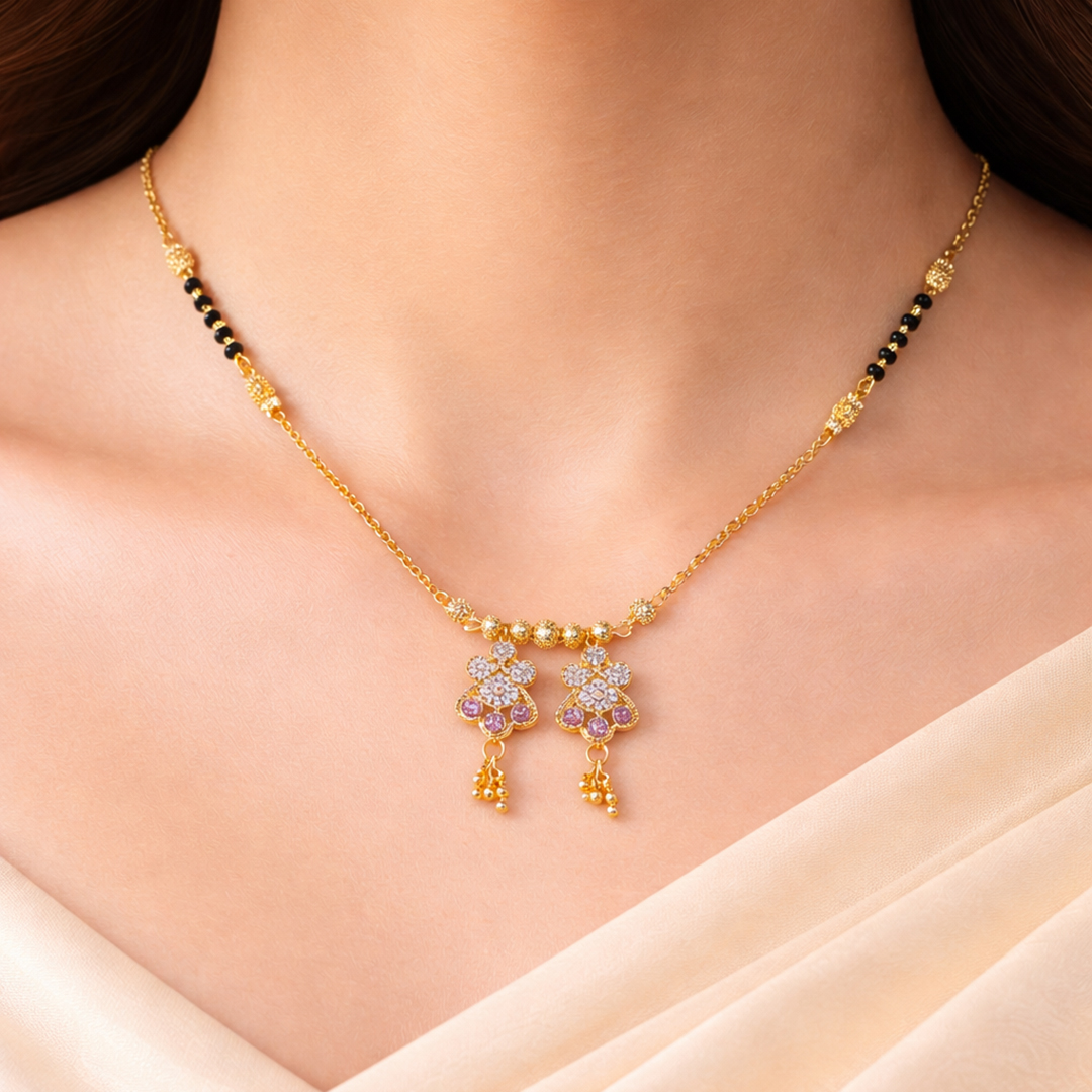 Designer Gold Mangal Sutra with Dual Floral Pendants - Image 2