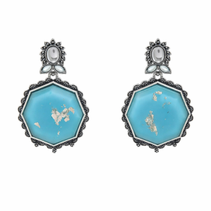 Turquoise Resin Hexagon Oxidized Silver Drop Earrings
