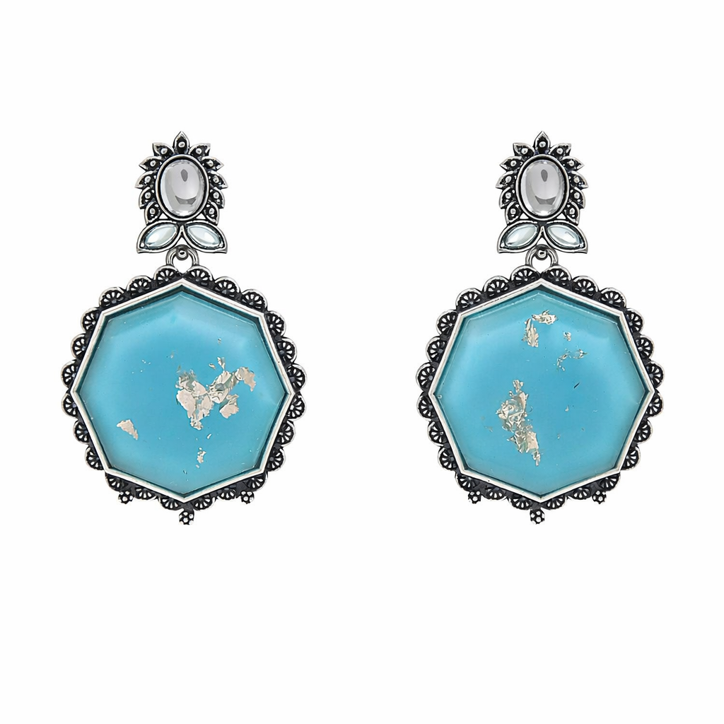 Turquoise Resin Hexagon Oxidized Silver Drop Earrings