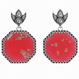 Red resin earrings with lotus accents