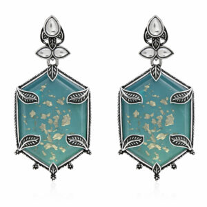 Teal and gold leaf earrings