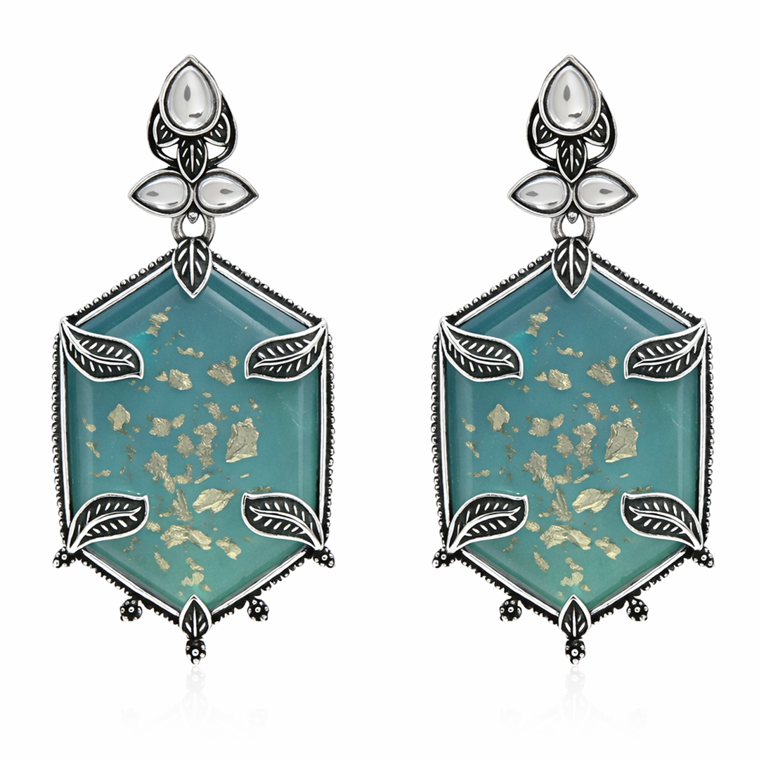Teal and gold leaf earrings